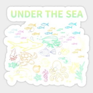 under the sea,blue sea,sea creatures,Turtle, puffer fish, starfish, shrimp, shark, tropical fish, sea horse, seaweed, sardines, squid, crabs, clams Sticker